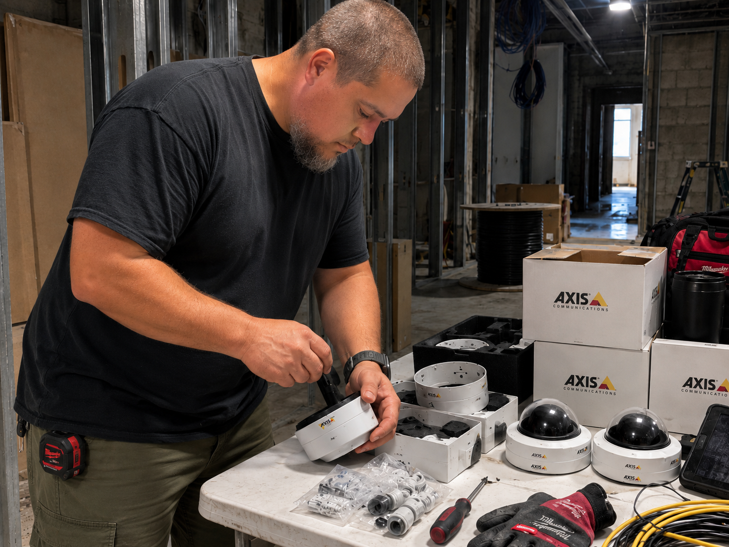 David preparing Axis security cameras on a construction jobsite