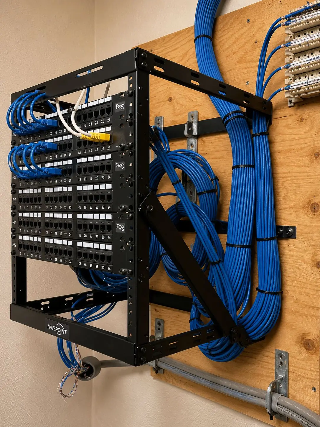 Close-up of installed network & wi-fi equipment mounted on site