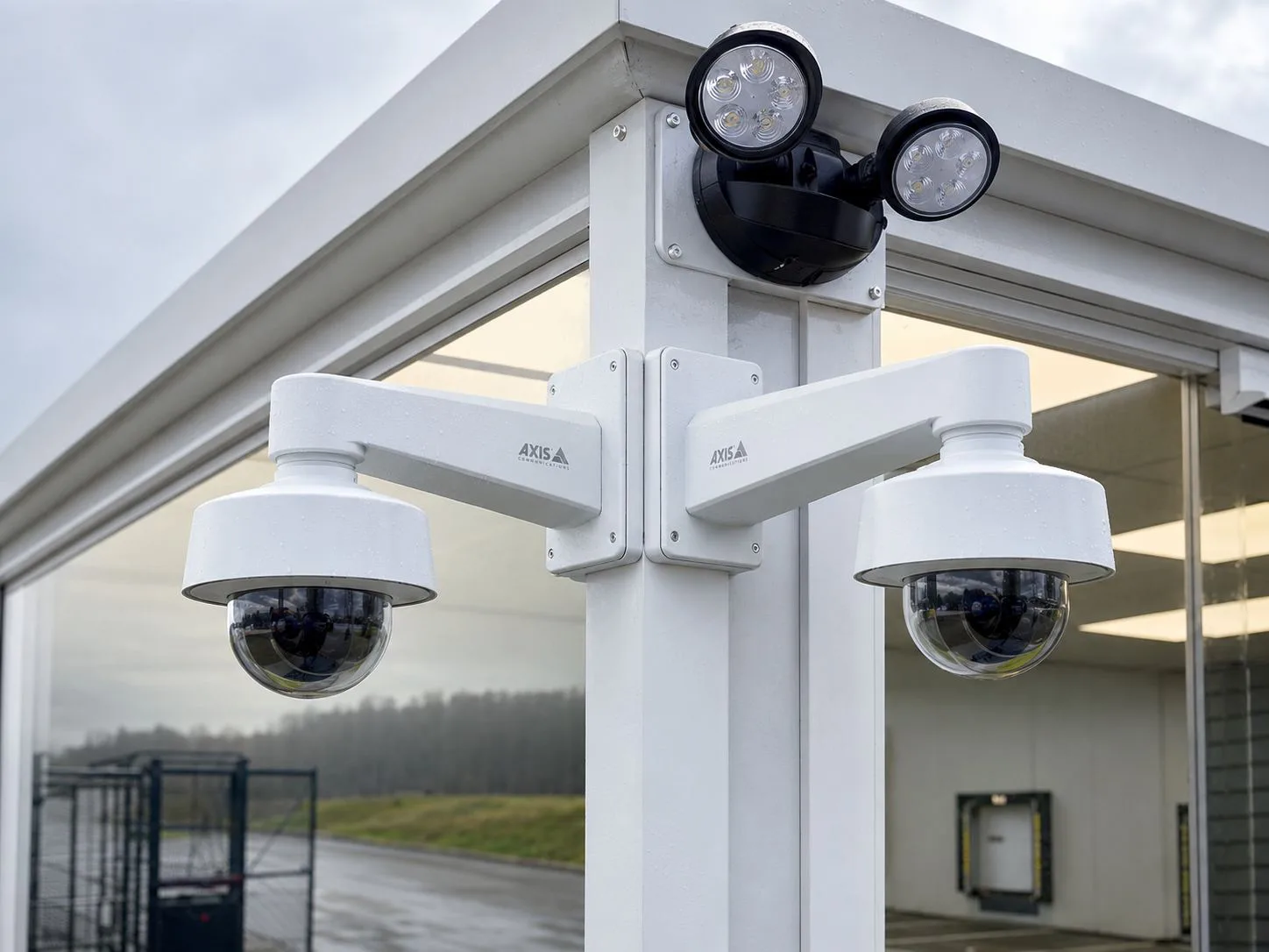 Close-up of installed security cameras equipment mounted on site